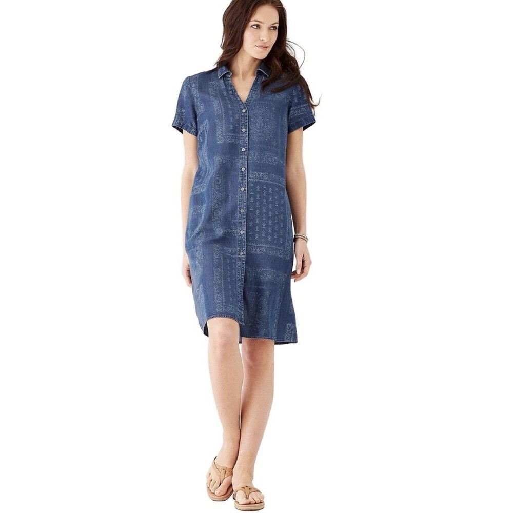 J Jill Women's Denim Shirt Dress XL Tall Bandana Print Chambray Western Indigo
